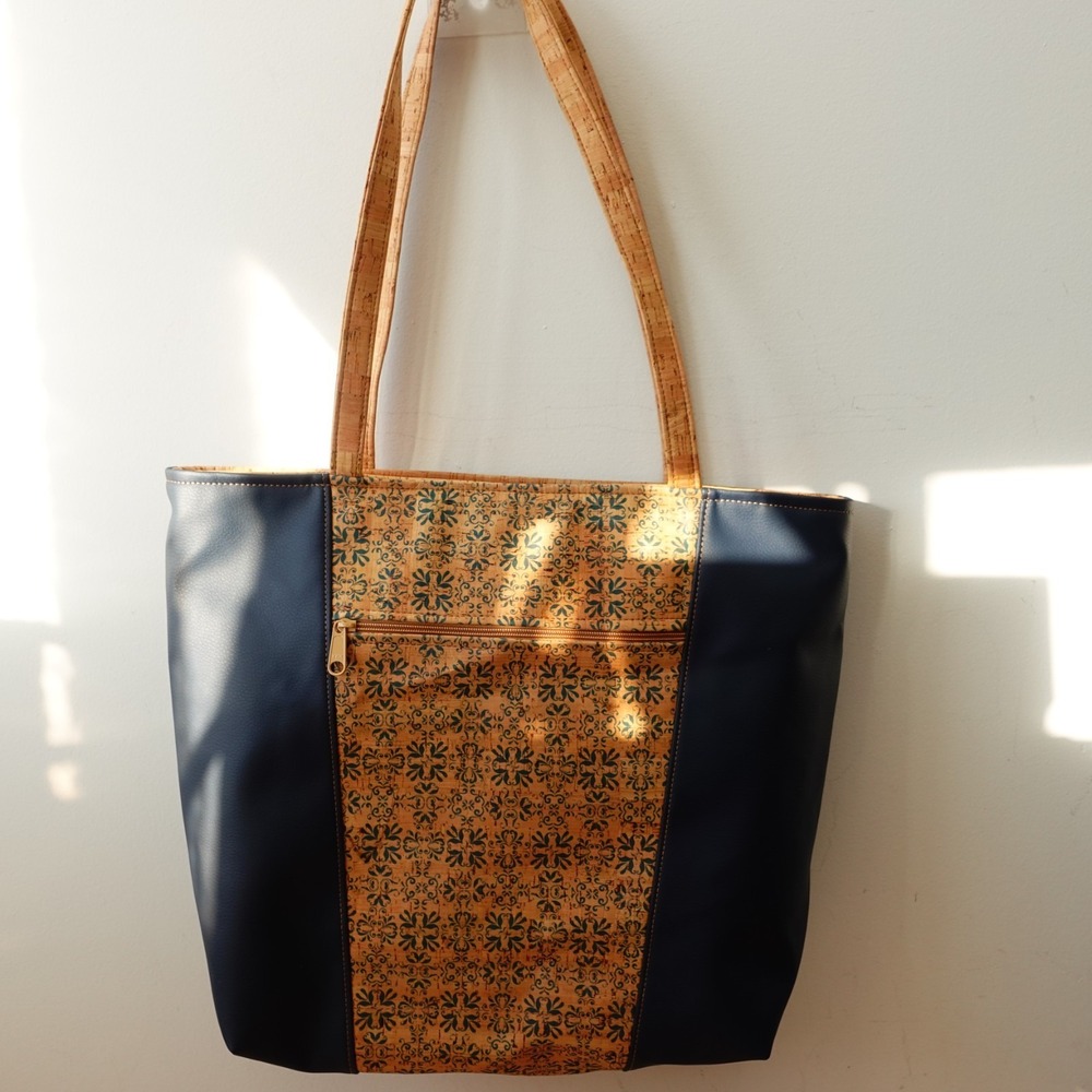 Natalie Therese Womens Large Navy Blue Floral Cork Tote Bag Vegan Handmade USA